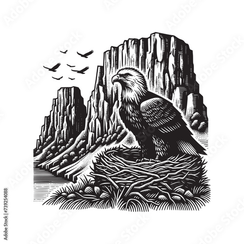 bald eagle in nest hand drawn art style vector illustration