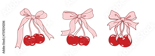 Cherry and bow coquette vector, hand drawn red cherry photo