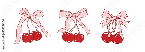 Cherry and bow coquette vector, hand drawn red cherry