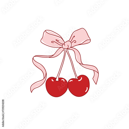 Cherry and bow coquette vector, hand drawn red cherry