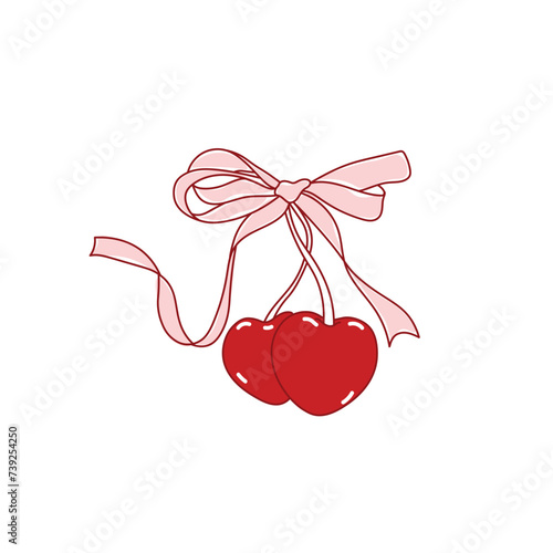 Cherry and bow coquette vector, hand drawn red cherry