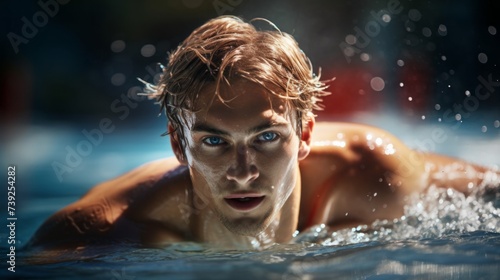 A handsome athletic male swimmer  a professional athlete is training for the swimming championship in the pool. Sports  Healthy lifestyle  Hobbies and leisure concepts.