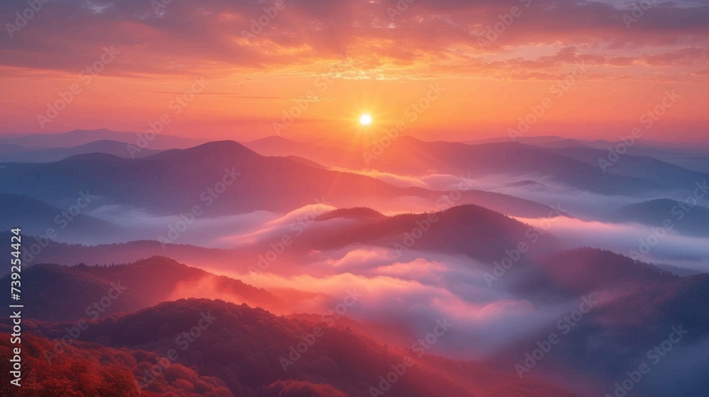 tranquil sunrise over a range of mist-covered mountains, the warm glow of the sun painting the sky in shades of orange and pink, the scene embodying t