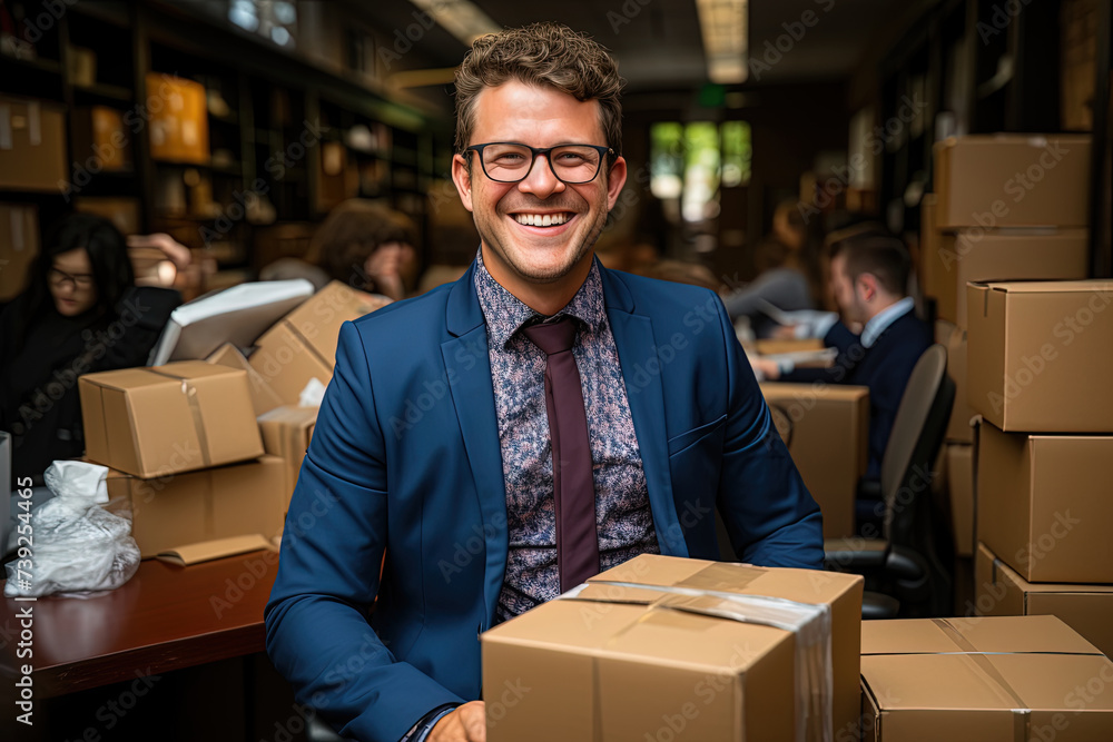 Happy man dressed in a formal suit and tie is seated in room filled with various boxes. Man appears to be examining or organizing the contents of the boxes Happy man dressed in a formal suit and tie is seated in room filled with various boxes. Man appears to be examining or organizing the contents of the boxes
