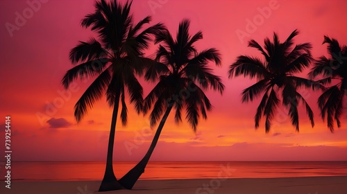 Silhouettes of palm trees against a fiery orange and pink sky during sunset on a tropical beach.