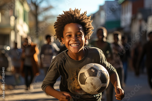 Young african american boy with soccer ball standing on bustling city street, showcasing his love for sport in urban setting. Passersby can be seen in background, providing glimpse of city life