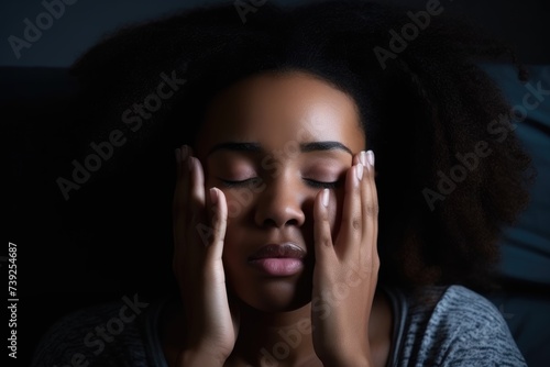 African American Woman Holding Head in Distress. A portrait of an African American woman holding her head in distress  expressing headache or emotional pain.