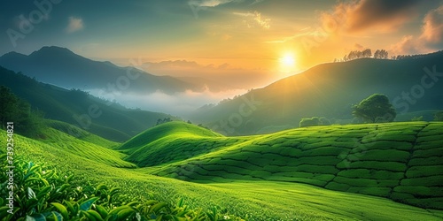 The picturesque tea plantations of rural Asia, where lush green hills meet the morning mist to create breathtaking scenery. photo