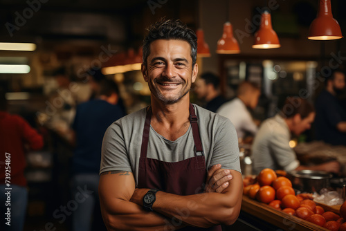 Confident mature man stands confidently in front of counter overflowing with bright oranges. Vibrant citrus fruits are neatly arranged in rows, creating visually striking display