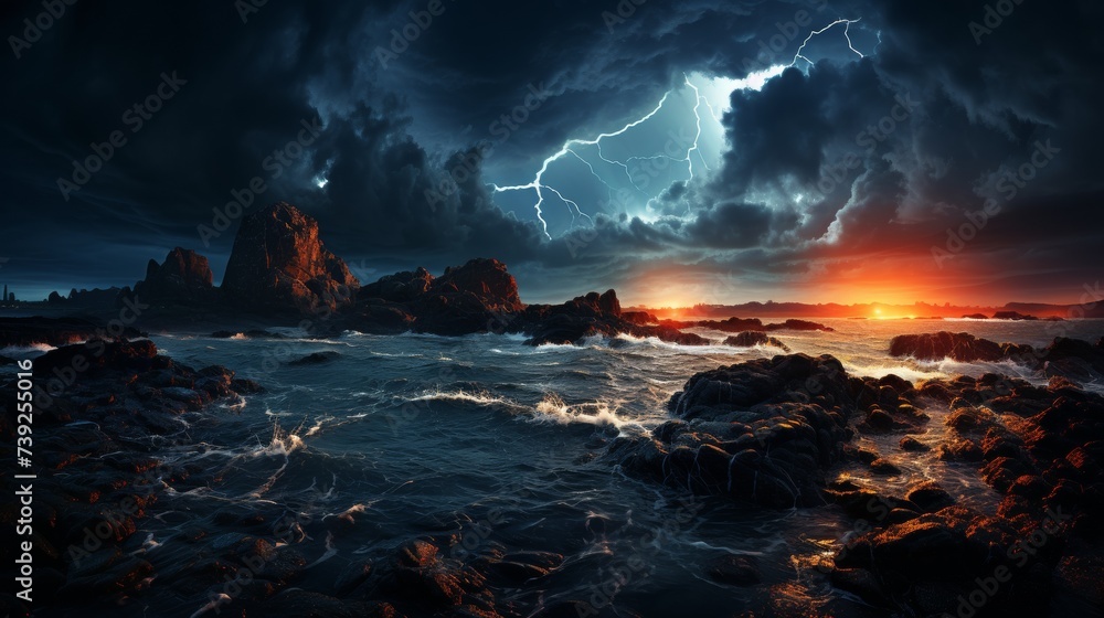 Fototapeta premium Lightning storm over a rugged coastline, dramatic bolts striking the sea, dark clouds, showcasing the intensity and majesty of thunderstorms, Photorea