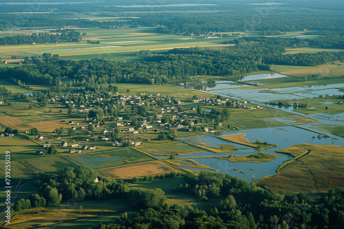 Aerial View of Lush Countryside Landscape with Quaint Town and Waterways - A Tapestry of Natural and Human Harmony
