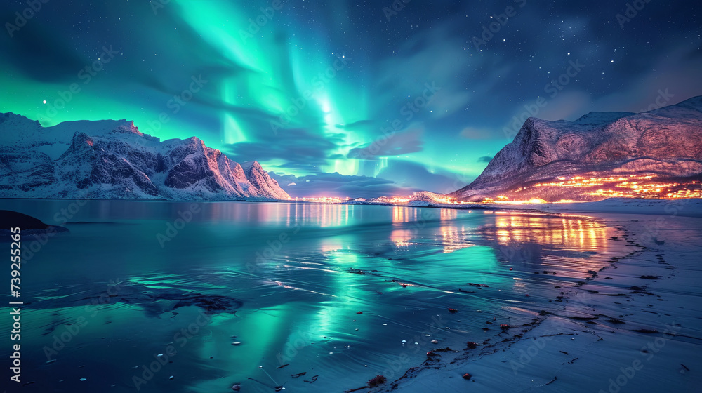 An aurora also commonly known as the northern lights or southern lights is a natural light display in Earth's sky, travel concept, bright color