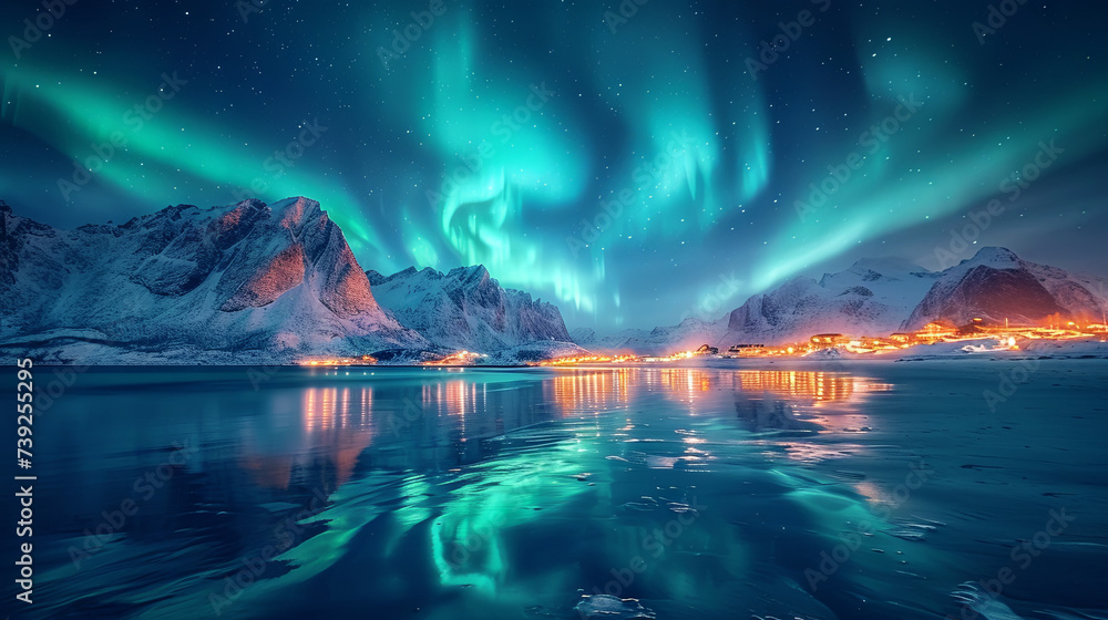 An aurora also commonly known as the northern lights or southern lights is a natural light display in Earth's sky, travel concept, colorful sky  - obrazy, fototapety, plakaty 