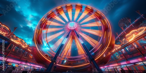 Under the night sky, the illuminated Ferris wheel brings vibrant movement and colorful excitement to the fair. photo