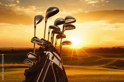 The Golf club bag for golfer training and play in game with golf course background , green tree sun rays.