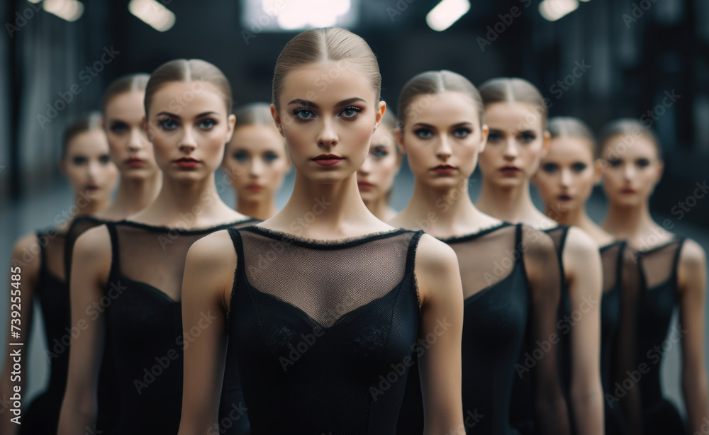 Obraz premium Women in ballet dance collaboration, art school team performance and dancing in class studio. Young professional dancer or group of creative students dancing together