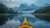 Kayaking on a serene mountain lake at dawn, mist rising off the water, distant mountains reflected in the calm lake, a sense of peace and solitude, Ph