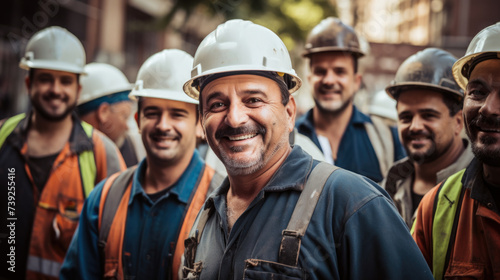 group of smiling builders in hardhats outdoors photo