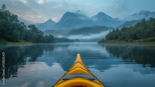 Kayaking on a serene mountain lake at dawn, mist rising off the water, distant mountains reflected in the calm lake, a sense of peace and solitude, Ph © ProVector