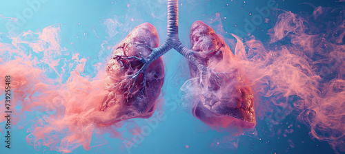pink lungs of a smoker with smoke on the blue background, the concept of the impact of smoking habits on human health photo