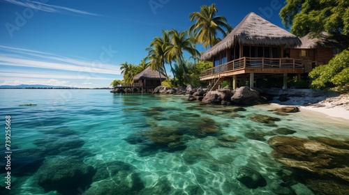 Overwater bungalows in a tropical lagoon, crystal-clear water, palm trees on the shore, capturing the luxury and tranquility of an exotic island resor