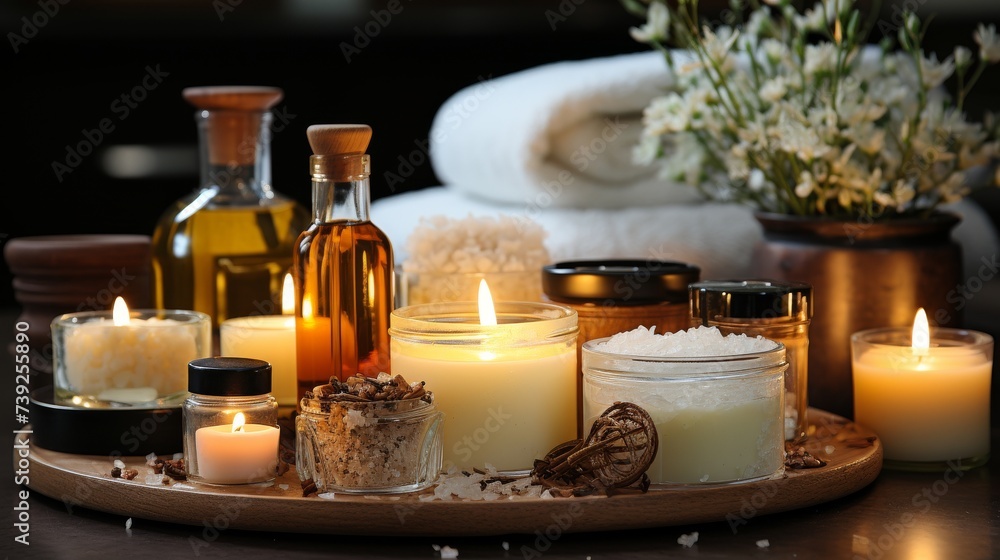 Various luxury bathroom products, including bath salts, oils, and sponges, displayed on a white background, a sense of indulgence and care, Photograph Various luxury bathroom products, including bath salts, oils, and sponges, displayed on a white background, a sense of indulgence and care, Photograph