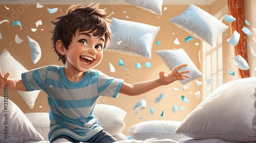 A cute boy engaging in a playful pillow fight, laughter and joy filling the air.