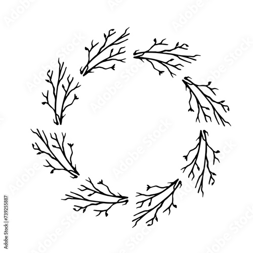 Fototapeta Naklejka Na Ścianę i Meble -  Decorative frame with branches, leaves. Simple frame with botanical elements. Vector graphics.