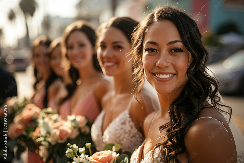 Bridal Party Moment: Portrait of smiling bridesmaids during wedding ceremony