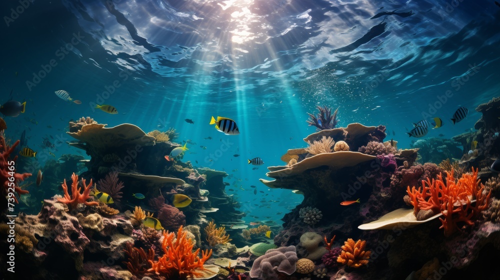 Underwater view of a coral reef exhibit in an aquarium, colorful fish and corals, clear blue water, focusing on the conservation and display of marine - obrazy, fototapety, plakaty 