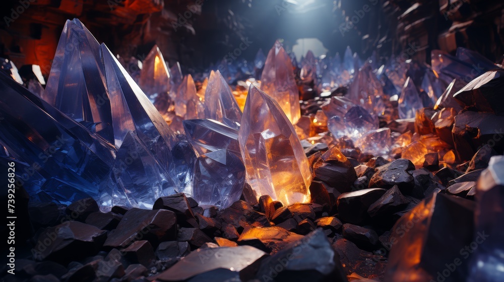 Giant crystal formations in a cavern, illuminated to reveal their clarity and structure, emphasizing the beauty and rarity of natural mineral wonders, - obrazy, fototapety, plakaty 