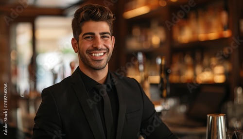 Smiling Bartender in Black Suit Behind Bar Counter in Upscale Restaurant
