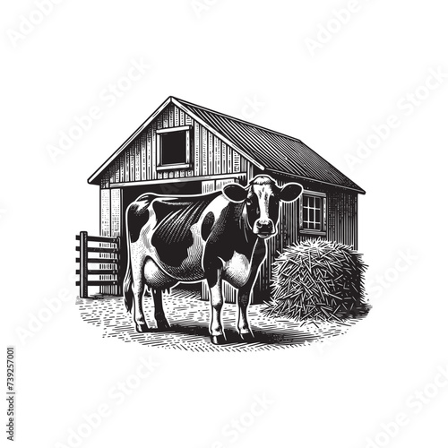 hand drawn art style of cow in barn vector illustration