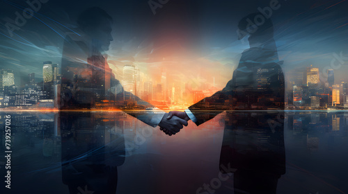 Compelling Double Exposure of a Business Handshake and Urban Night - A Visual Allegory for Success and Teamwork