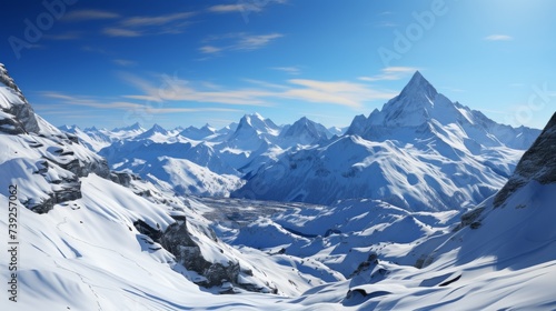 Panoramic view of a majestic mountain range under a clear blue sky  vast valleys and peaks  capturing the grandeur and beauty of natural landscapes  P