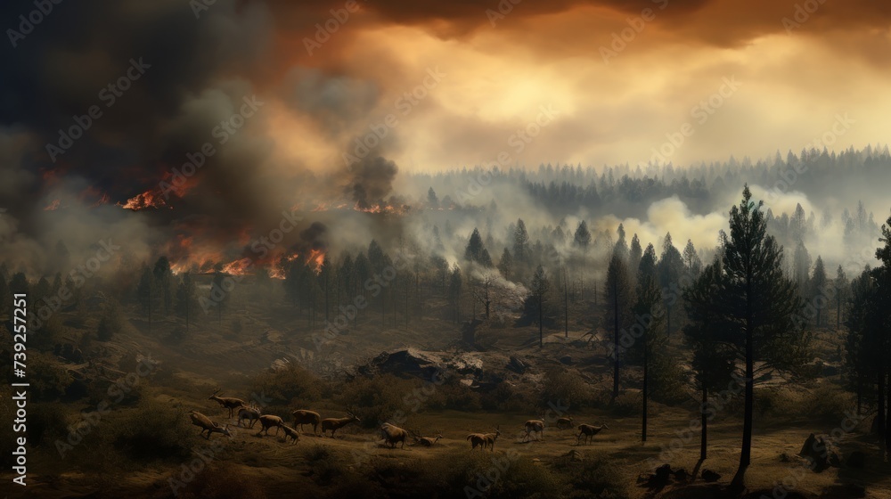 Bush fire in wilderness area. Nature on fire.Danger and Disaster. Global warming and climate change impact on environment. Bush fire in wilderness area. Nature on fire.Danger and Disaster. Global warming and climate change impact on environment.