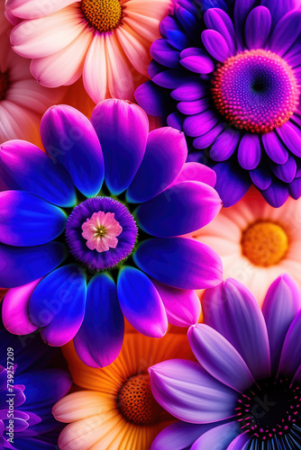 Background with bright colors. Purple and blue daisies and gerberas.