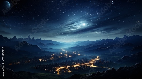 Starry night sky over a tranquil mountain landscape, Milky Way visible, capturing the vastness and beauty of the cosmos, Photorealistic, astrophotogra