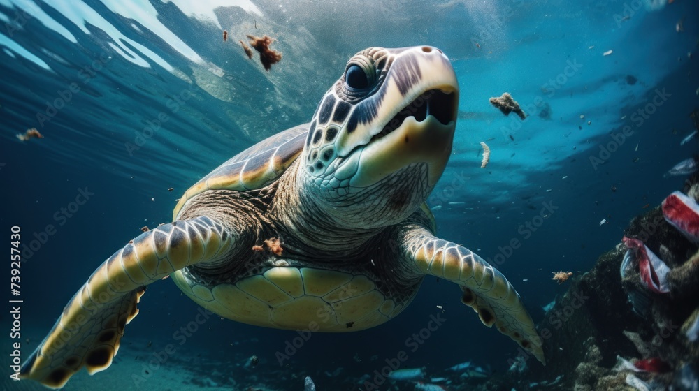 Obraz premium Garbage under the sea, marine animals. Focus on a large sea turtle in the mouth of a garbage can. Because think it's food.