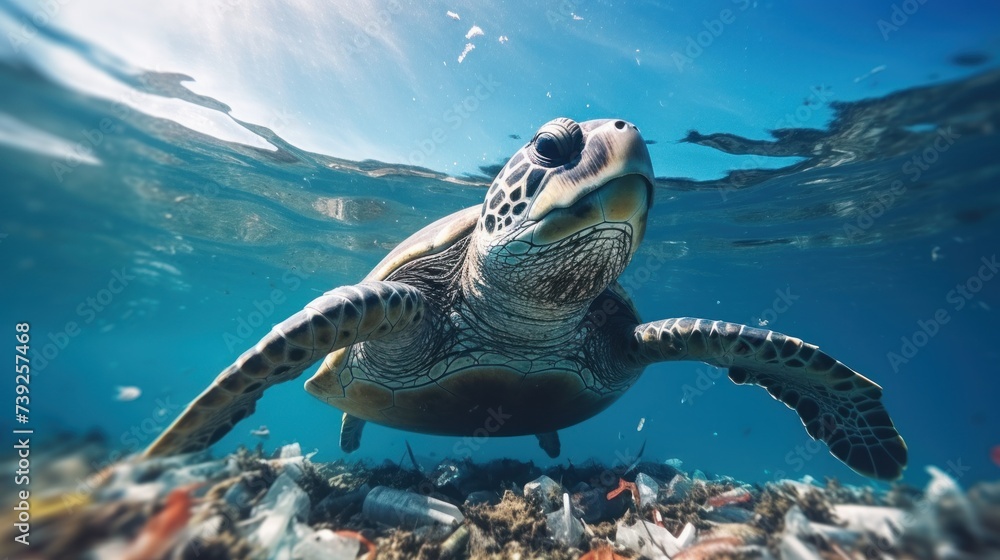 Obraz premium Garbage under the sea, marine animals. Focus on a large sea turtle in the mouth of a garbage can. Because think it's food.
