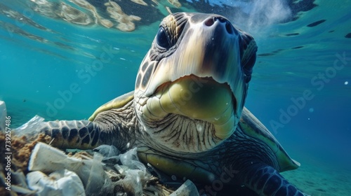 Garbage under the sea  marine animals. Focus on a large sea turtle in the mouth of a garbage can. Because think it s food.