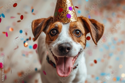 A funny dog portrait wearing a birthday hat, celebrating with a festive and adorable demeanor.