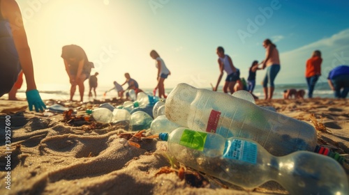 A volunteer collects plastic bottles by the sea. Conservation of ecology and garbage collection for recycling. Concept of coastal cleanup and global environmental pollution. photo
