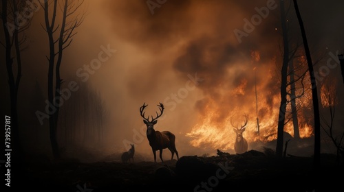 billows of smoke from fires in an In the forest, Wild animals running away from fire, distant view. Dust from forest fires causes air pollution.