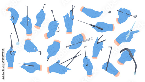 Doctors hands with different medical equipment and surgical tools set. Medicine collection of human arms in protective gloves operating, holding scalpel, lancet or syringe cartoon vector illustration