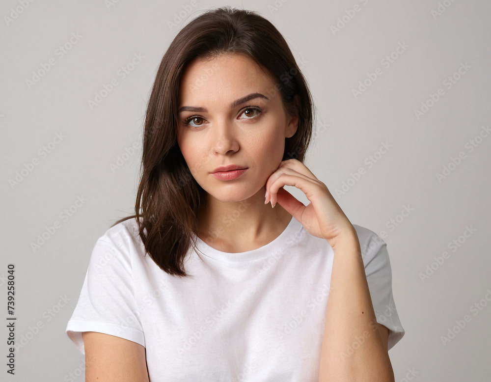realistic photo of a beautiful pensive brunette in a white T-shirt on a white background realistic photo of a beautiful pensive brunette in a white T-shirt on a white background