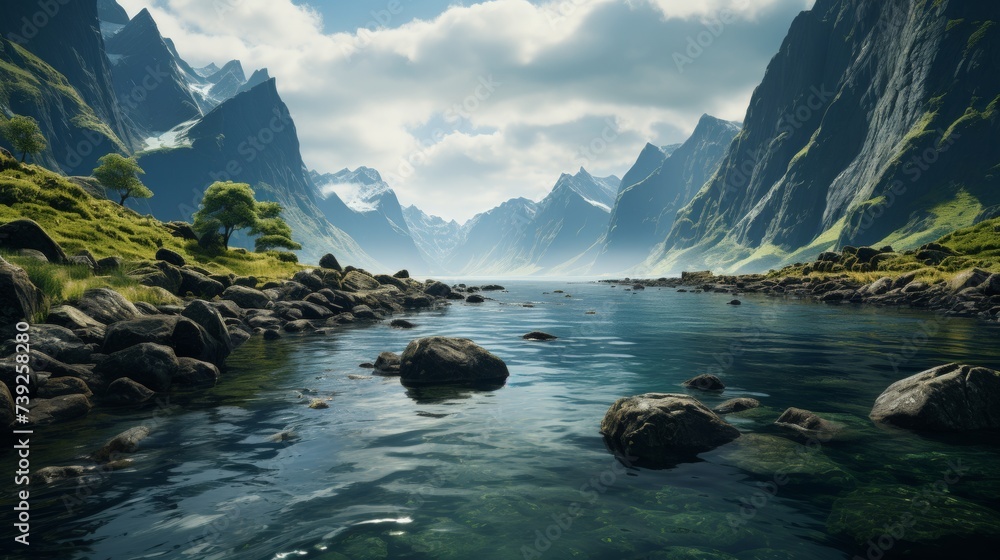 Majestic fjords with steep cliffs and deep blue waters, serene sky, conveying the tranquility and magnificence of glacially carved landscapes, Photore - obrazy, fototapety, plakaty 