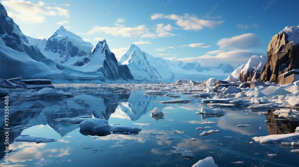 Majestic glacier in an arctic region, blue ice contrasting with dark rocky terrain, a clear sky above, showcasing the rugged beauty of polar landscape