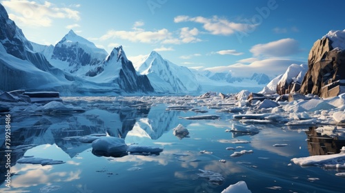 Majestic glacier in an arctic region, blue ice contrasting with dark rocky terrain, a clear sky above, showcasing the rugged beauty of polar landscape