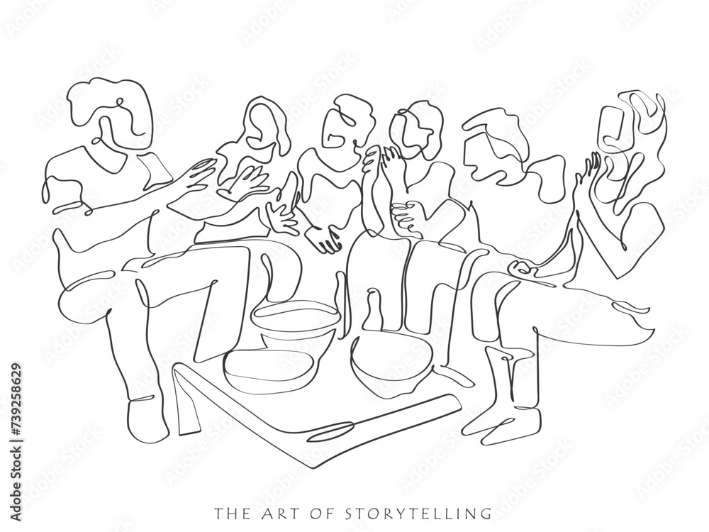 hand drawn line art vector of a guy telling story to his friends. Continuous line art of storytelling concept. The art of telling stories.